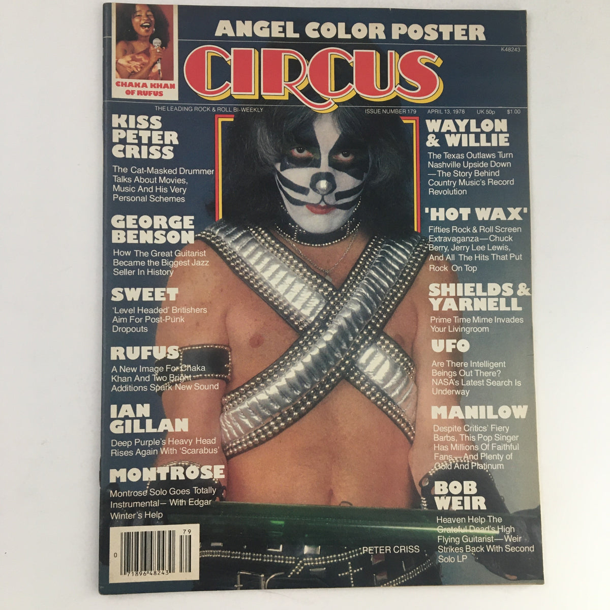 Cover of Circus Magazine April 13 1978 featuring Kiss drummer Peter Criss with dramatic makeup and attire, showcasing the vibrant music scene of the late 70s.