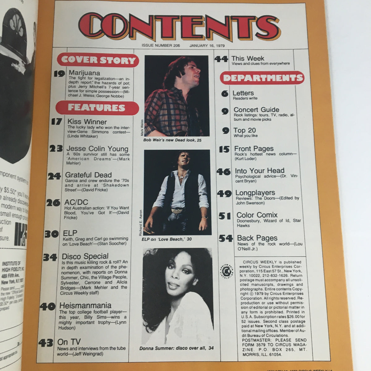 Contents page of Circus Magazine January 16, 1979, listing features including AC/DC and Donna Summer.
