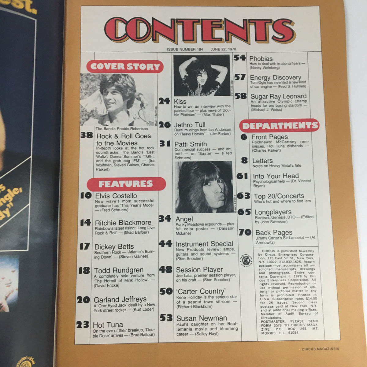 Inside contents page of Circus Magazine from June 22, 1978, detailing articles on Robbie Robertson, Elvis Costello, and more, encapsulating the essence of the punk and rock music scene during the late 1970s.