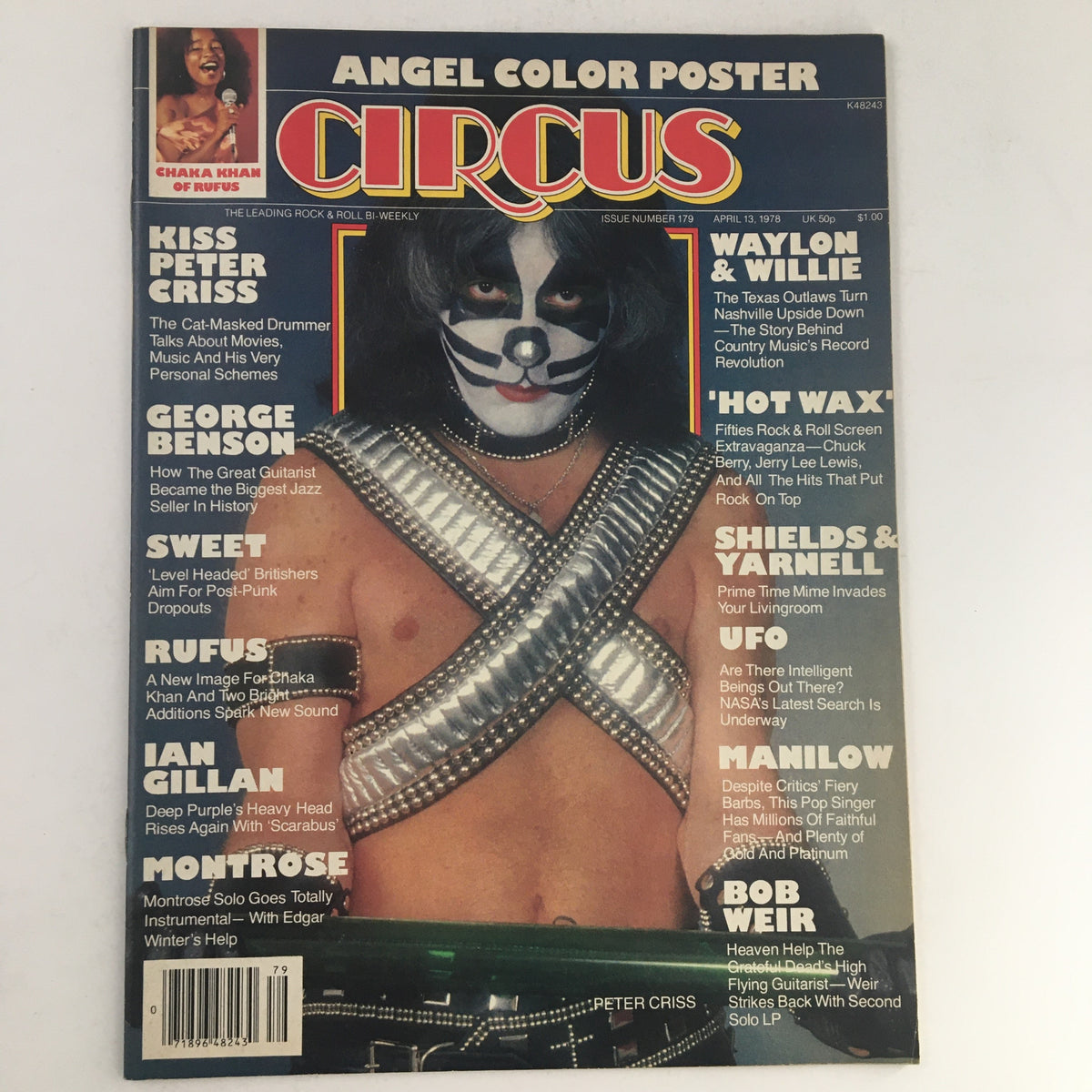 Cover of Circus Magazine, April 13, 1978, featuring Peter Criss, Rufus, and Angel Band with a poster, no label