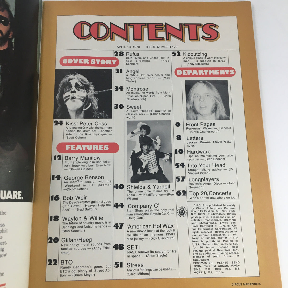 Contents page from Circus Magazine April 13 1978 featuring Peter Criss, Rufus, and Angel Band. Highlights the cover story and articles on various artists.
