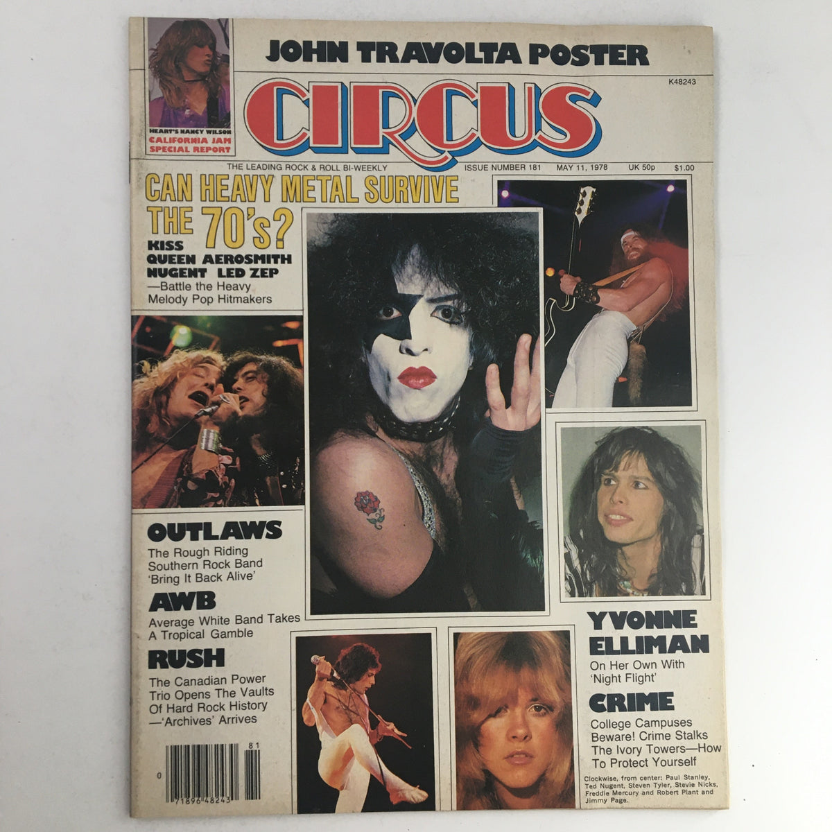 Cover of Circus Magazine May 11, 1978 featuring Ted Nugent, Paul Stanley, and a John Travolta poster, showcasing the vibrant rock and pop culture of the 1970s.