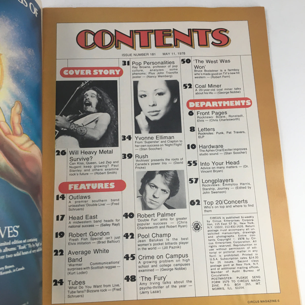 Contents page of Circus Magazine May 11, 1978 listing articles and features, highlighting key personalities and topics from the 1970s music scene.