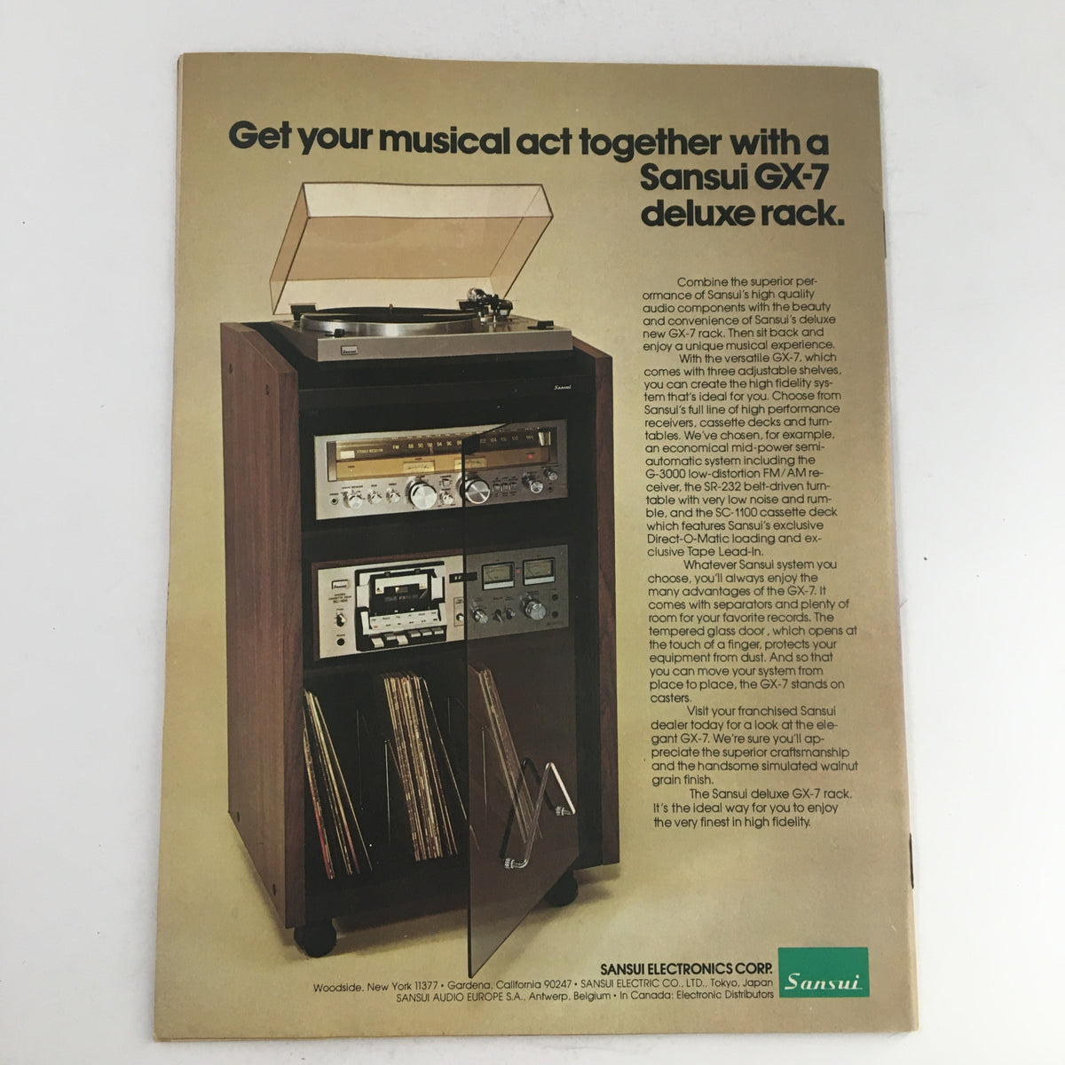 Vintage advertisement for Sansui GX-7 deluxe rack showcasing high-fidelity audio equipment, featured in Circus Magazine May 11 1978. The image highlights a turntable, stereo system, and record storage, emphasizing the convenience and quality of Sansui audio components.