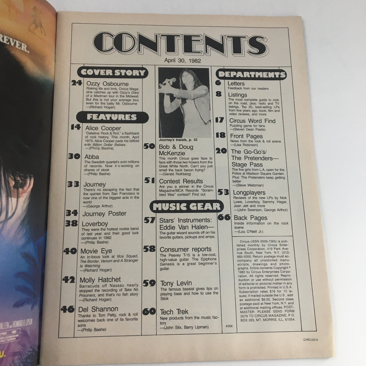 Contents page of Circus Magazine, April 30, 1982, including features like Journey Poster and articles on Ozzy Osbourne and Alice Cooper.