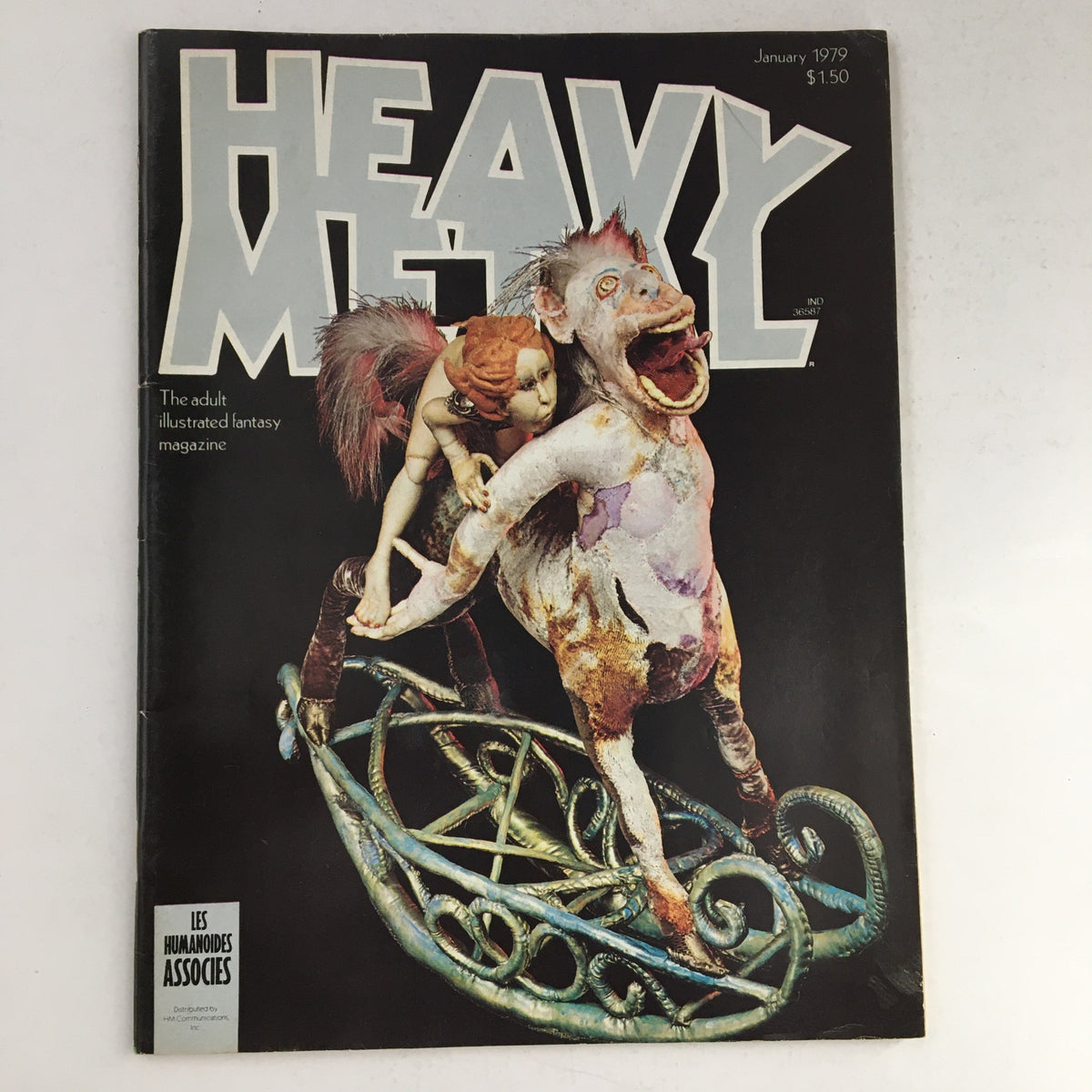 Cover of Heavy Metal Magazine January 1979 featuring the Airtight Garage of Jerry Cornelius, showcasing a unique illustration of a fantastical creature and doll.