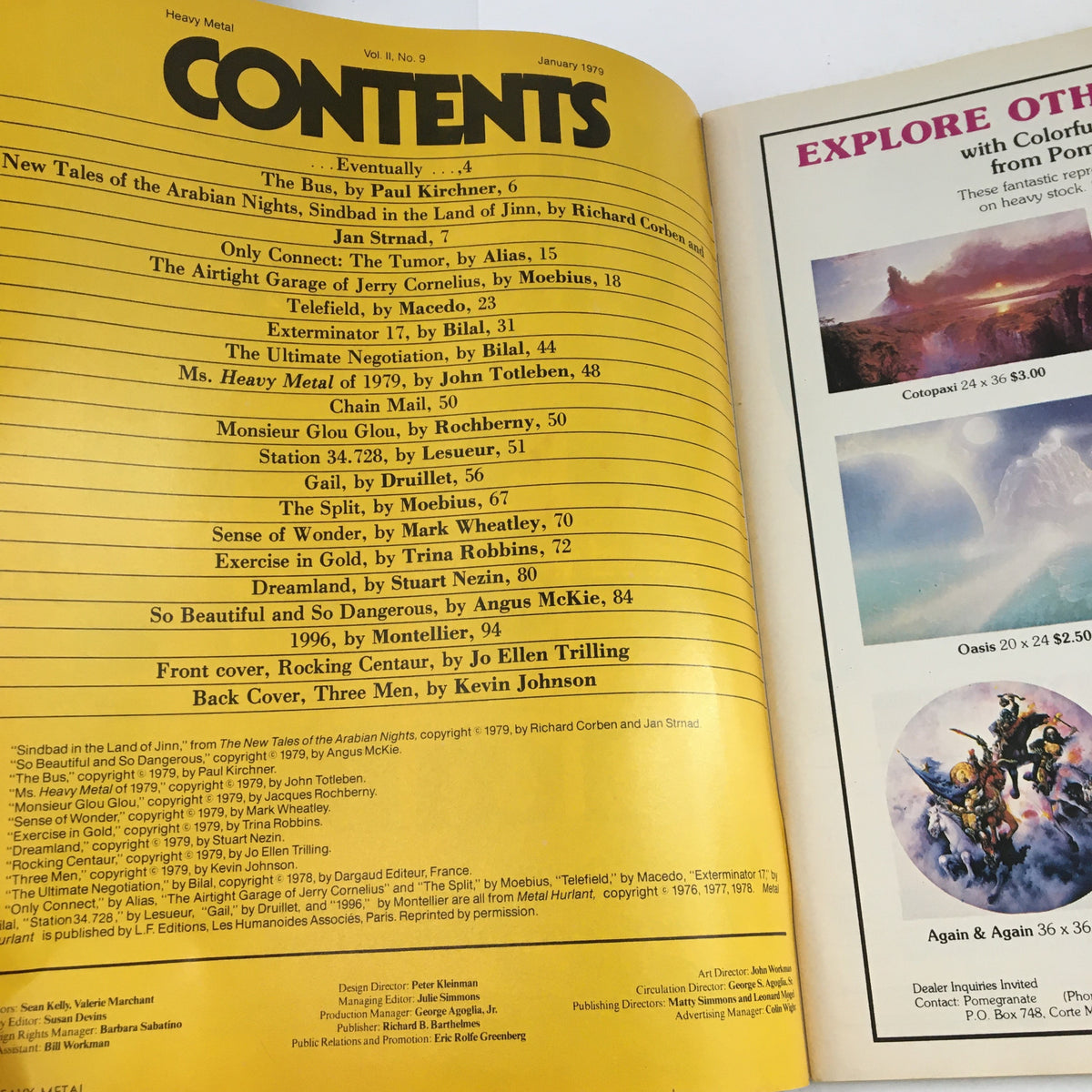 Contents page of Heavy Metal Magazine January 1979 listing featured stories including The Airtight Garage of Jerry Cornelius by Moebius.