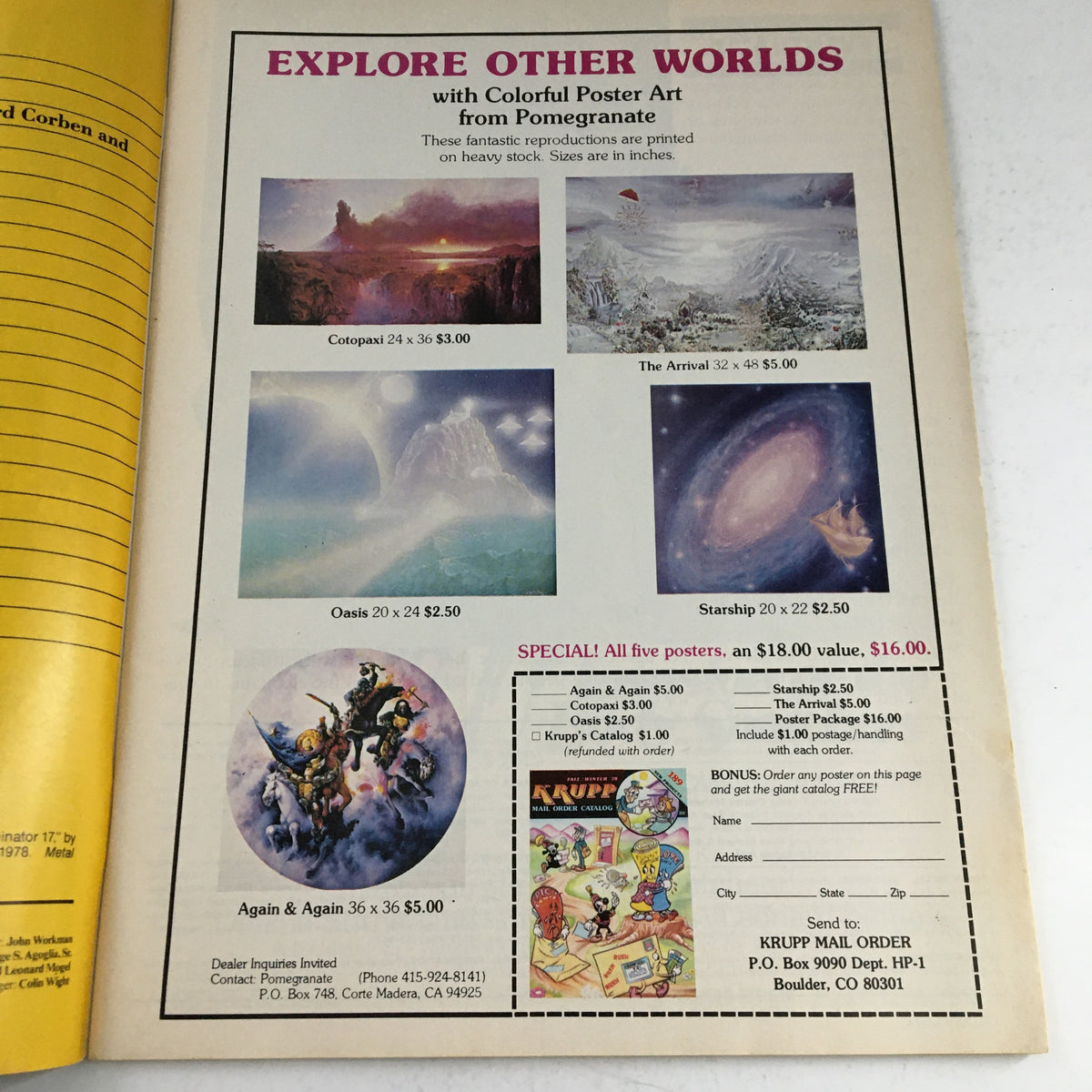 Advertisement page in Heavy Metal Magazine January 1979 promoting colorful poster art from Pomegranate, featuring various fantasy landscapes.