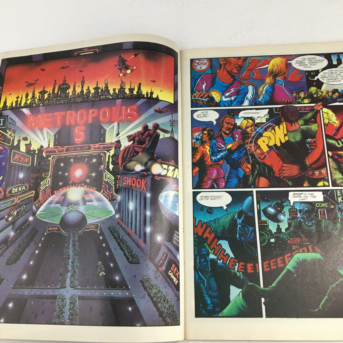 Artistic page from Heavy Metal Magazine January 1979 showcasing colorful illustrations depicting a futuristic city titled 'Metropolis 5' with vibrant characters and dramatic action.