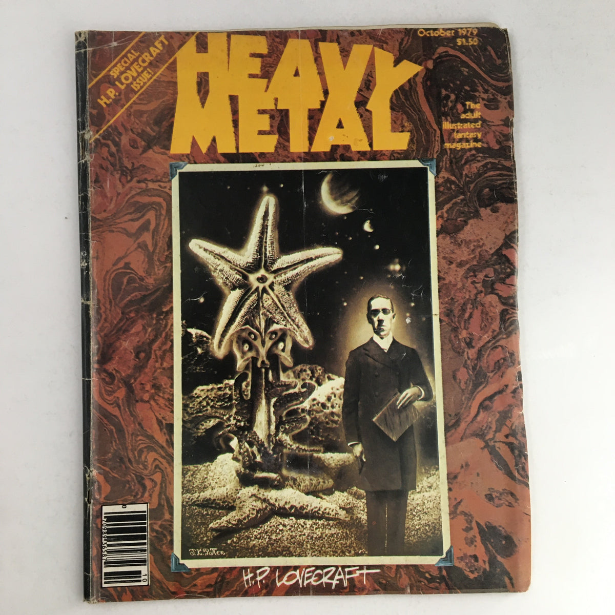 Cover of Heavy Metal Magazine, October 1979, featuring a surreal illustration related to H.P. Lovecraft's themes along with the title 'Heavy Metal' prominently displayed.