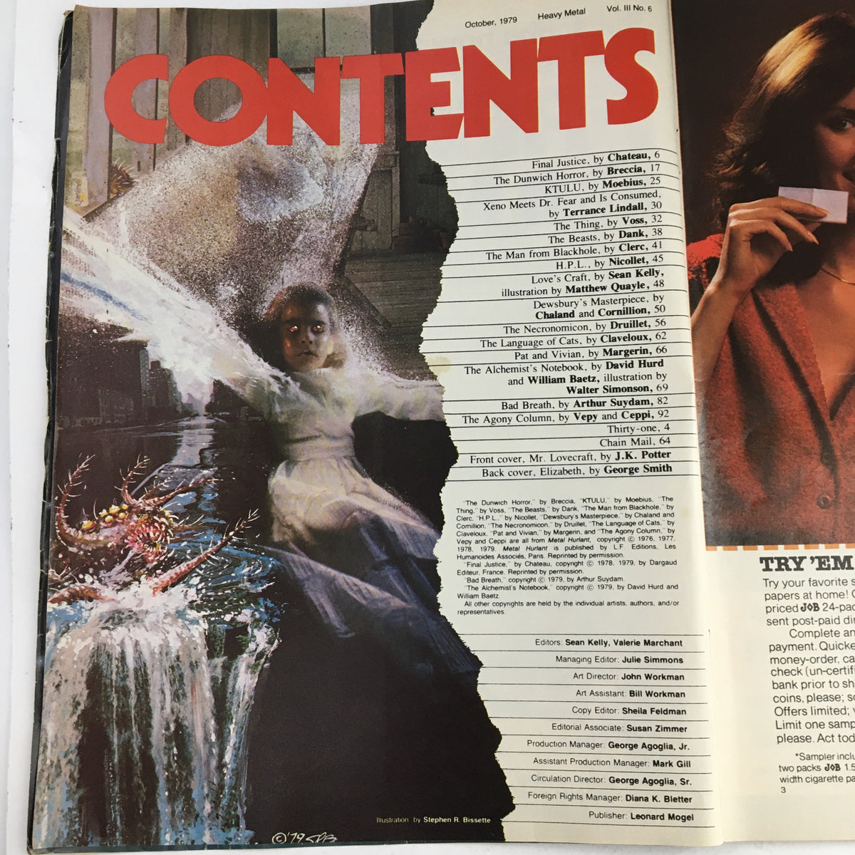 Table of contents from Heavy Metal Magazine October 1979 featuring The Dunwich Horror by Breccia and other stories.