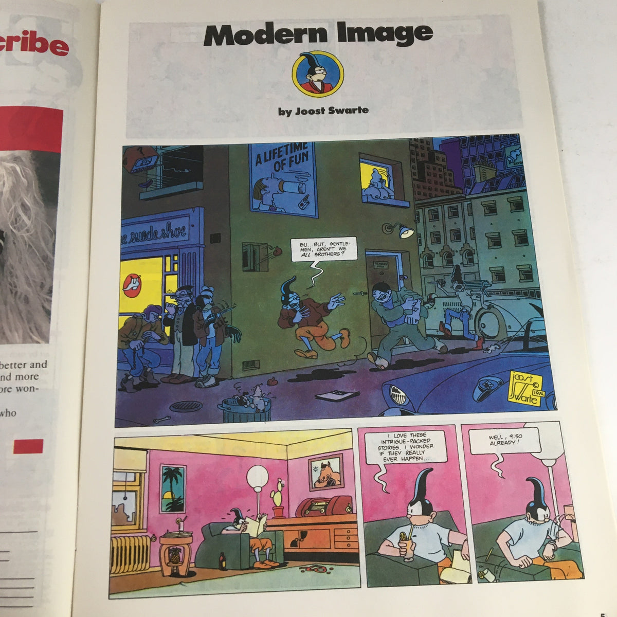 Full page of Heavy Metal Magazine December 1985 displaying 'Modern Image' by Joost Swarte with vibrant comic illustrations and dialogue.