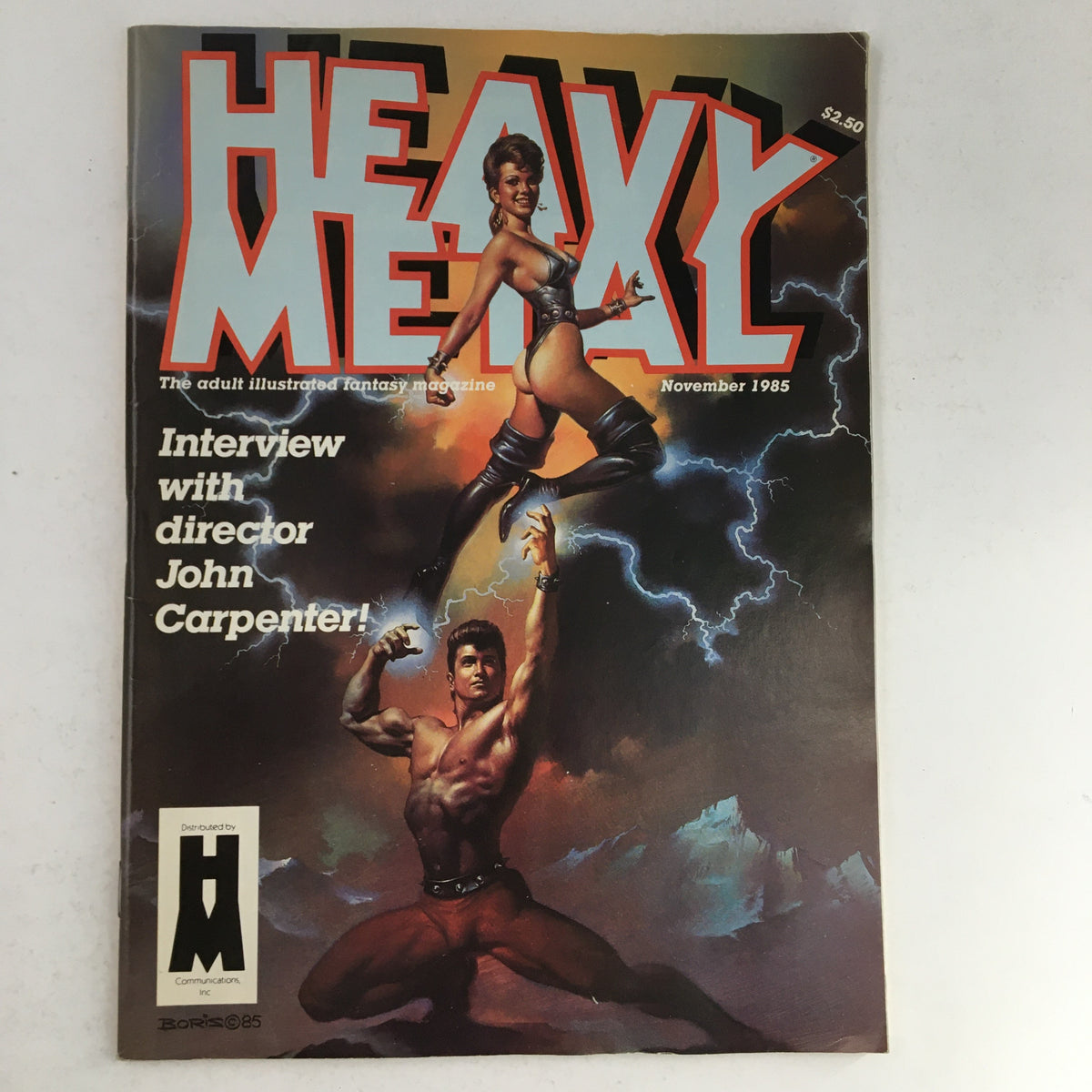 Cover of Heavy Metal Magazine November 1985 featuring dynamic illustrations by Boris Vallejo, showcasing an action-packed fantasy theme with characters in heroic poses.