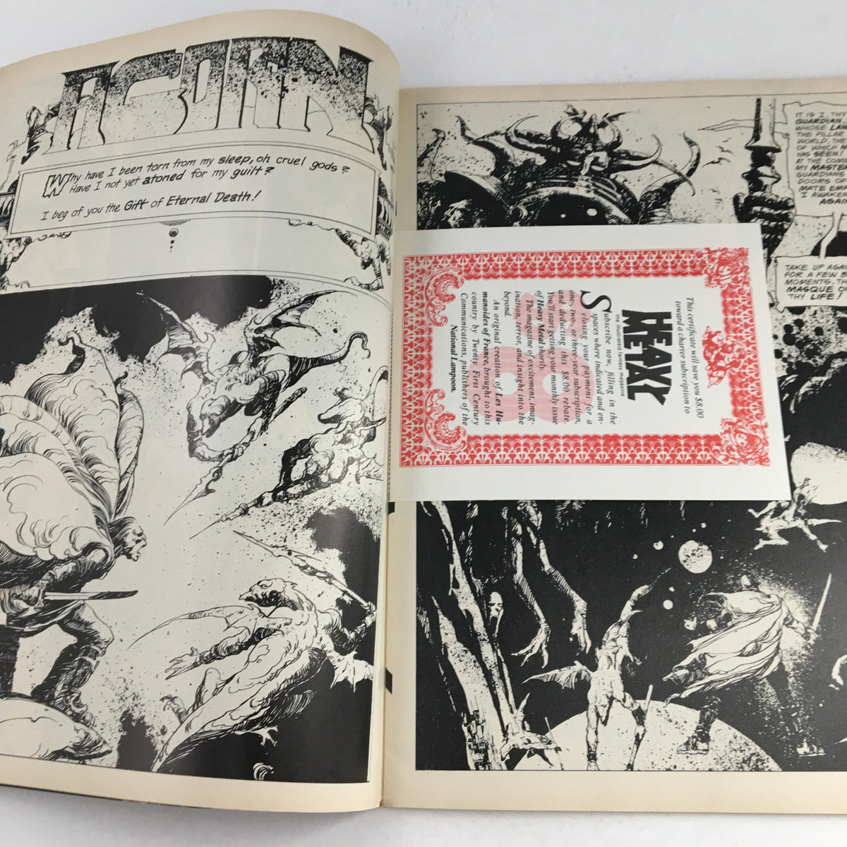 Interior page from Heavy Metal Magazine May 1977 featuring artwork from the story 'The Star-Death of Margaret Omali,' showcasing dramatic black and white illustrations and a unique blend of science fiction and fantasy art.