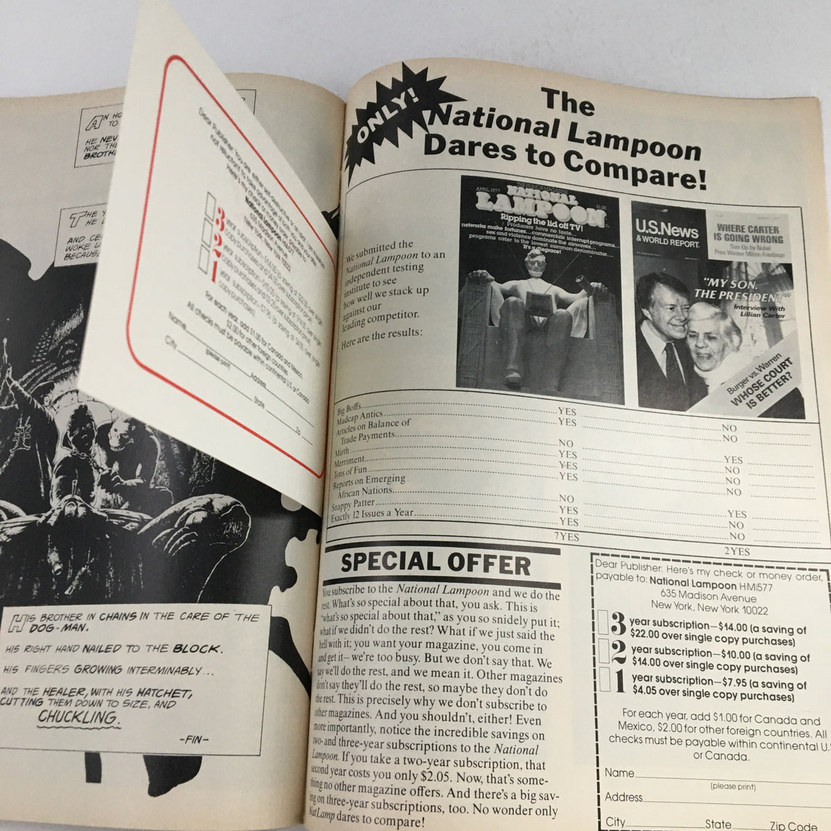Interior page from Heavy Metal Magazine May 1977 displaying a comparison feature with ads and images endorsing the National Lampoon, reflecting the advertising style of the late 1970s.
