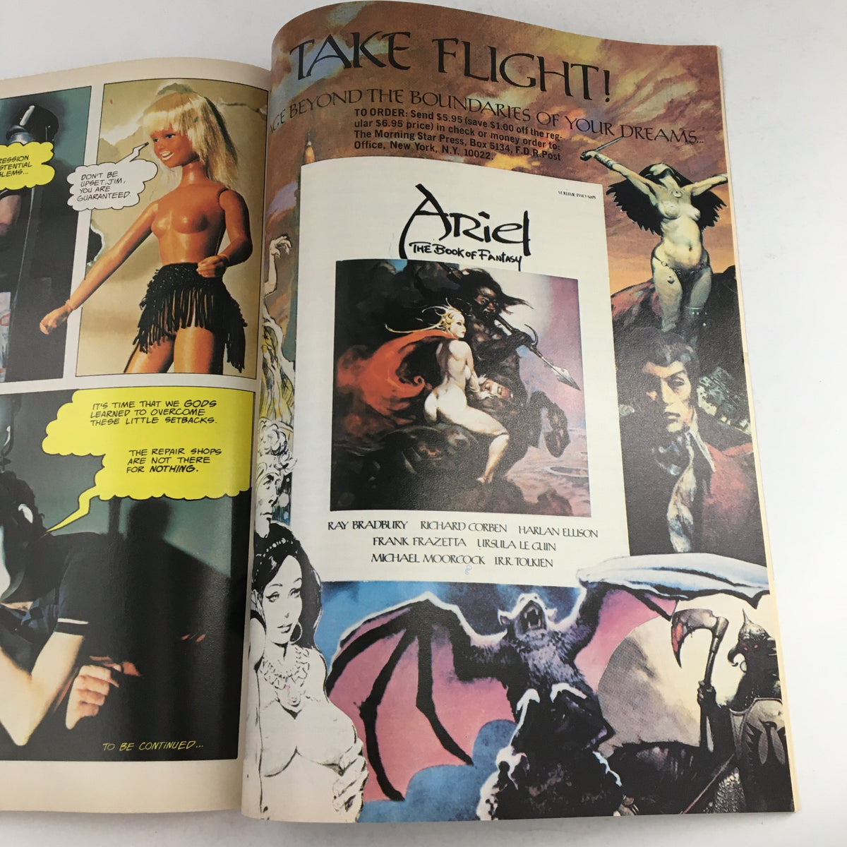 Interior page from Heavy Metal Magazine May 1977 featuring an artistic advertisement for 'Ariel: The Book of Fantasy' alongside provocative illustrations typical of Heavy Metal's unique aesthetic.