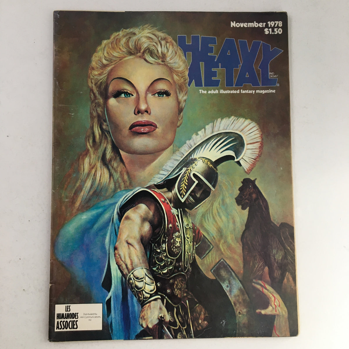 Cover of Heavy Metal Magazine November 1978 featuring a dramatic illustration of a warrior and a woman, showcasing the vibrant fantasy art characteristic of the era.