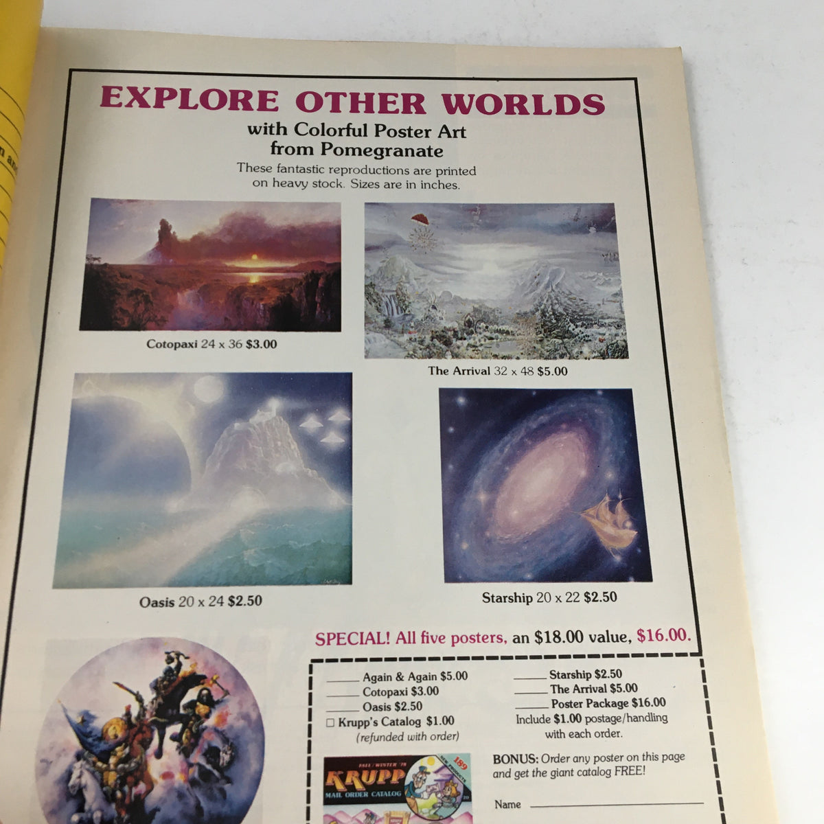 Page from Heavy Metal Magazine January 1979 advertising colorful poster art from Pomegranate, promoting fantastical reproductions, further emphasizing the magazine's artistic influence during the 1970s.