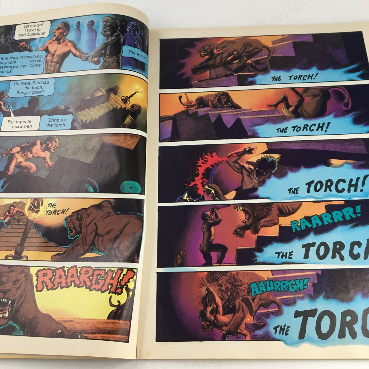 Comic panel pages from Heavy Metal Magazine January 1979 showcasing vibrant illustrations and dialogue featuring Sinbad in an adventurous scenario with lions.