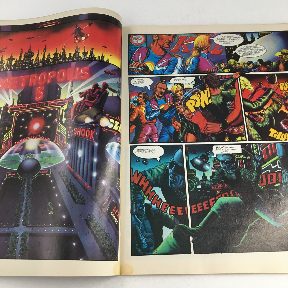 Exciting artwork in Heavy Metal Magazine January 1979 depicting a futuristic scene in Metropolis with colorful characters engaged in a dynamic action sequence.