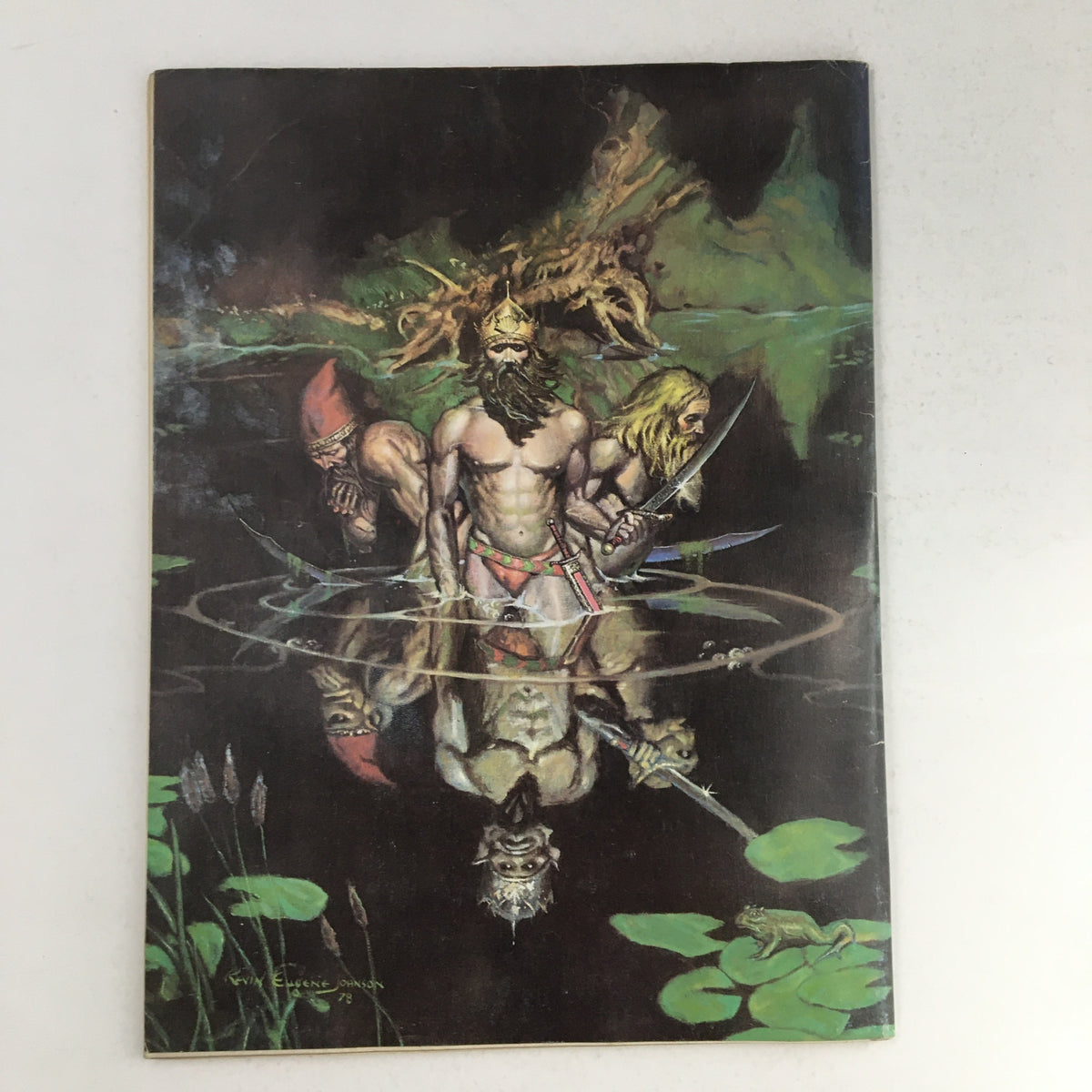 Cover art from Heavy Metal Magazine January 1979 featuring a surreal depiction of three legendary figures in a mystical setting reflected in water.