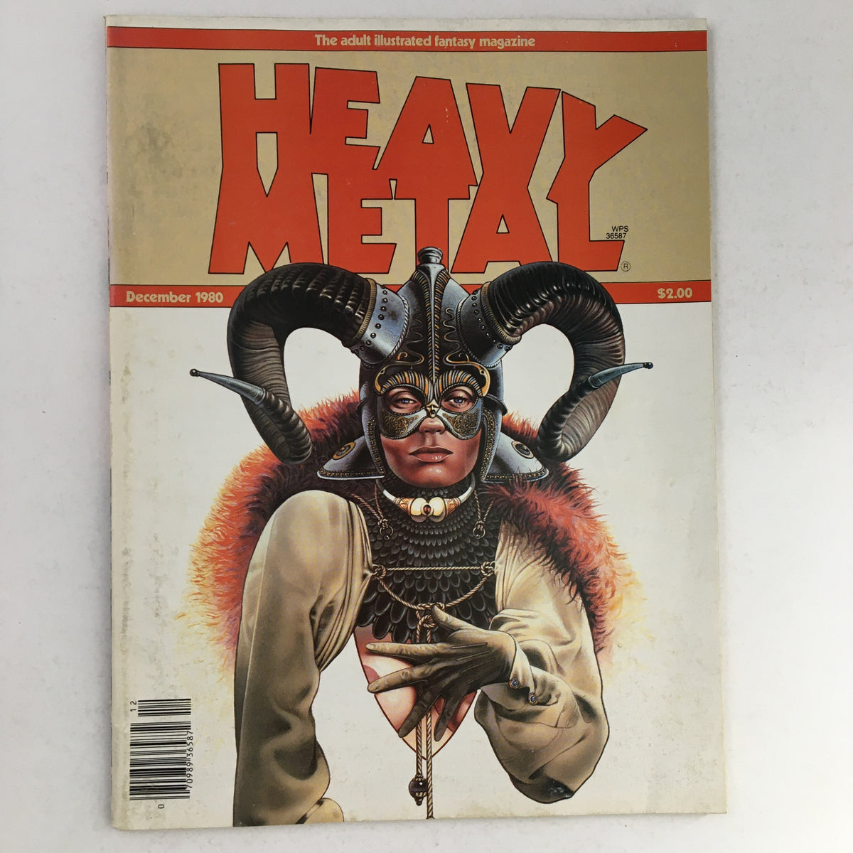 Cover of Heavy Metal Magazine December 1980 featuring vibrant artwork depicting a figure in a helmet and armor with horns, showcasing fantasy themes.