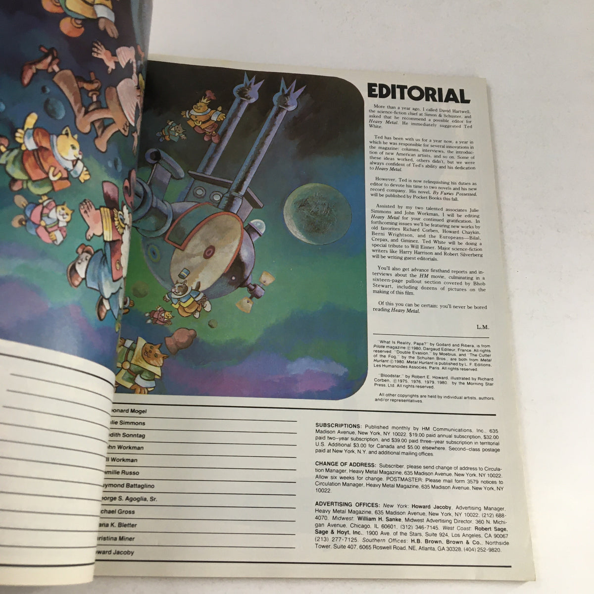 Editorial page from Heavy Metal Magazine December 1980, displaying colorful illustrations of characters in a whimsical setting.