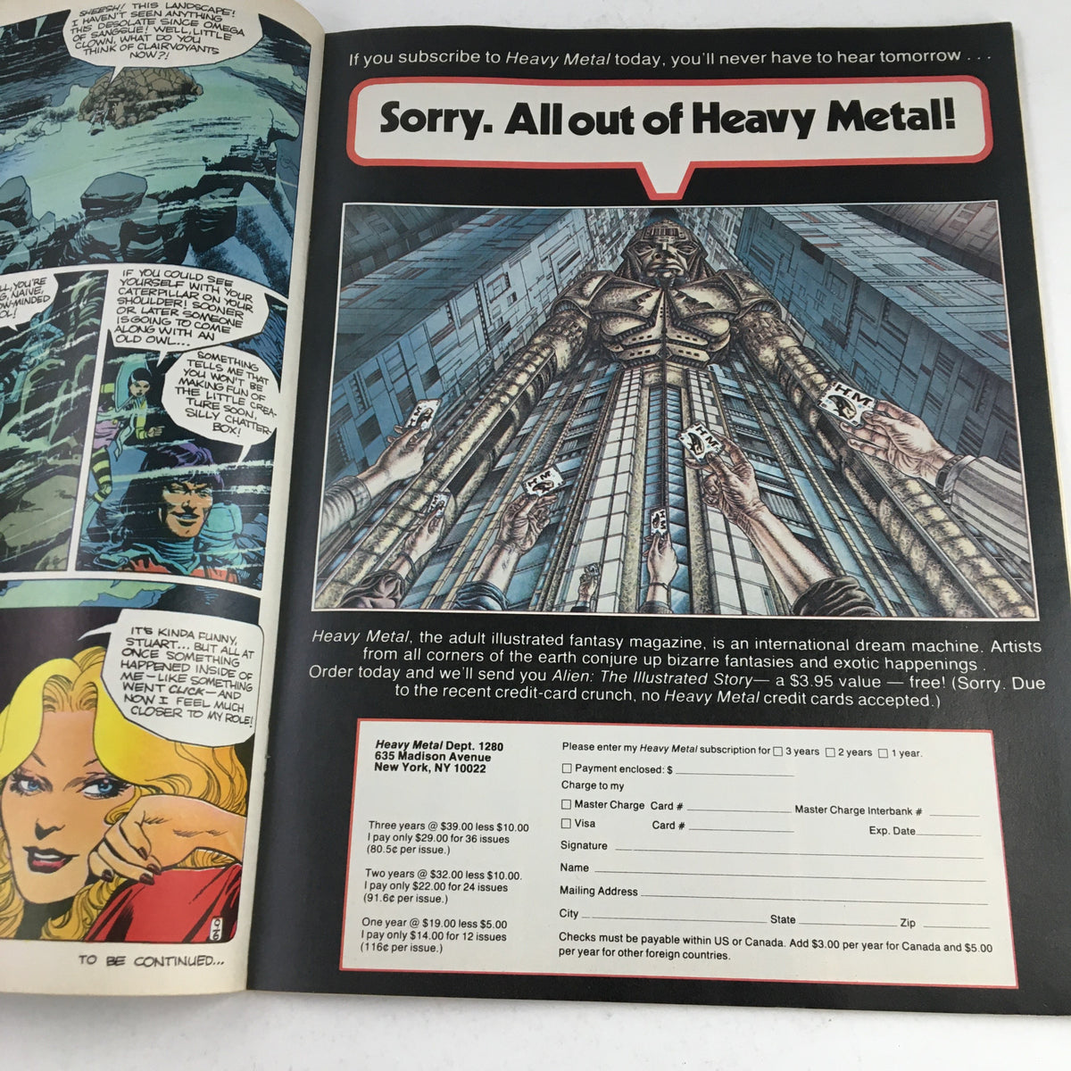 Heavy Metal Magazine December 1980 advertisement page with subscription details, featuring vibrant comic art and promotional text highlighting the magazine's unique stories.
