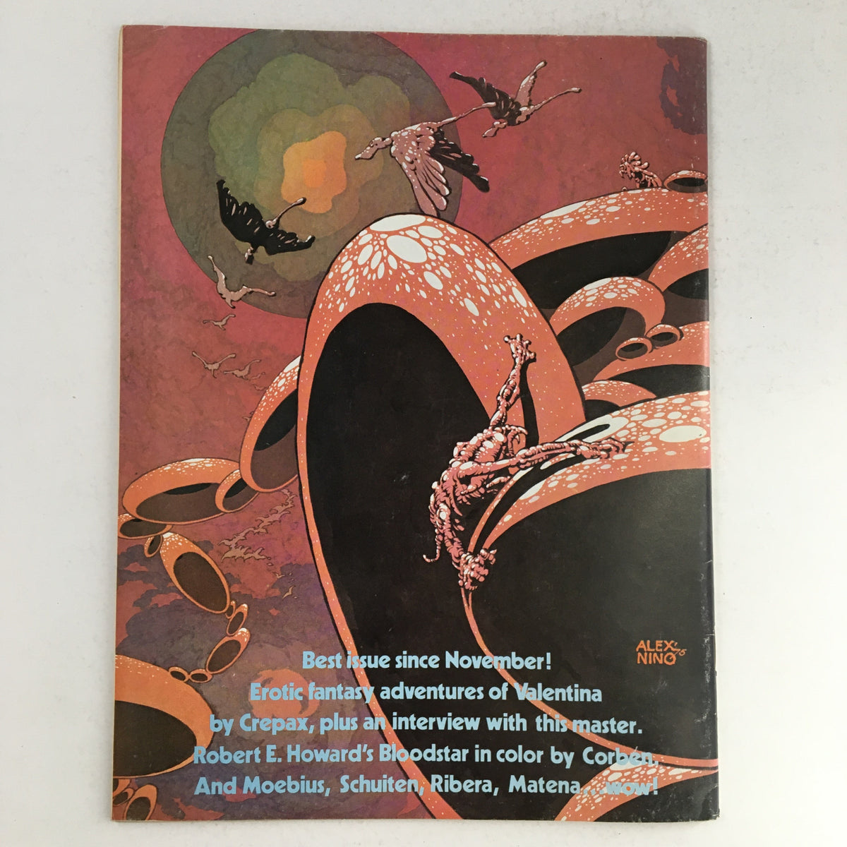 Back cover of Heavy Metal Magazine December 1980 displaying psychedelic artwork and vintage design, promoting Robert E. Howard's Bloodstar along with other featured works.