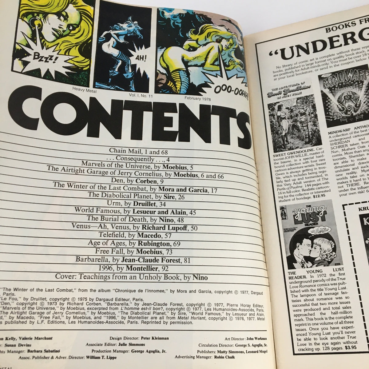 Contents page of Heavy Metal Magazine February 1978 highlighting featured stories and artistic contributions, including Marvels of the Universe by Moebius.