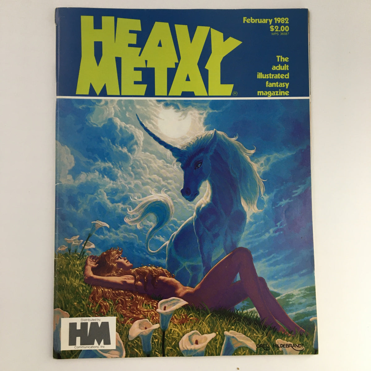 Cover of Heavy Metal Magazine February 1982 featuring a unicorn and a serene landscape, showcasing the adult illustrated fantasy magazine's distinctive art style.