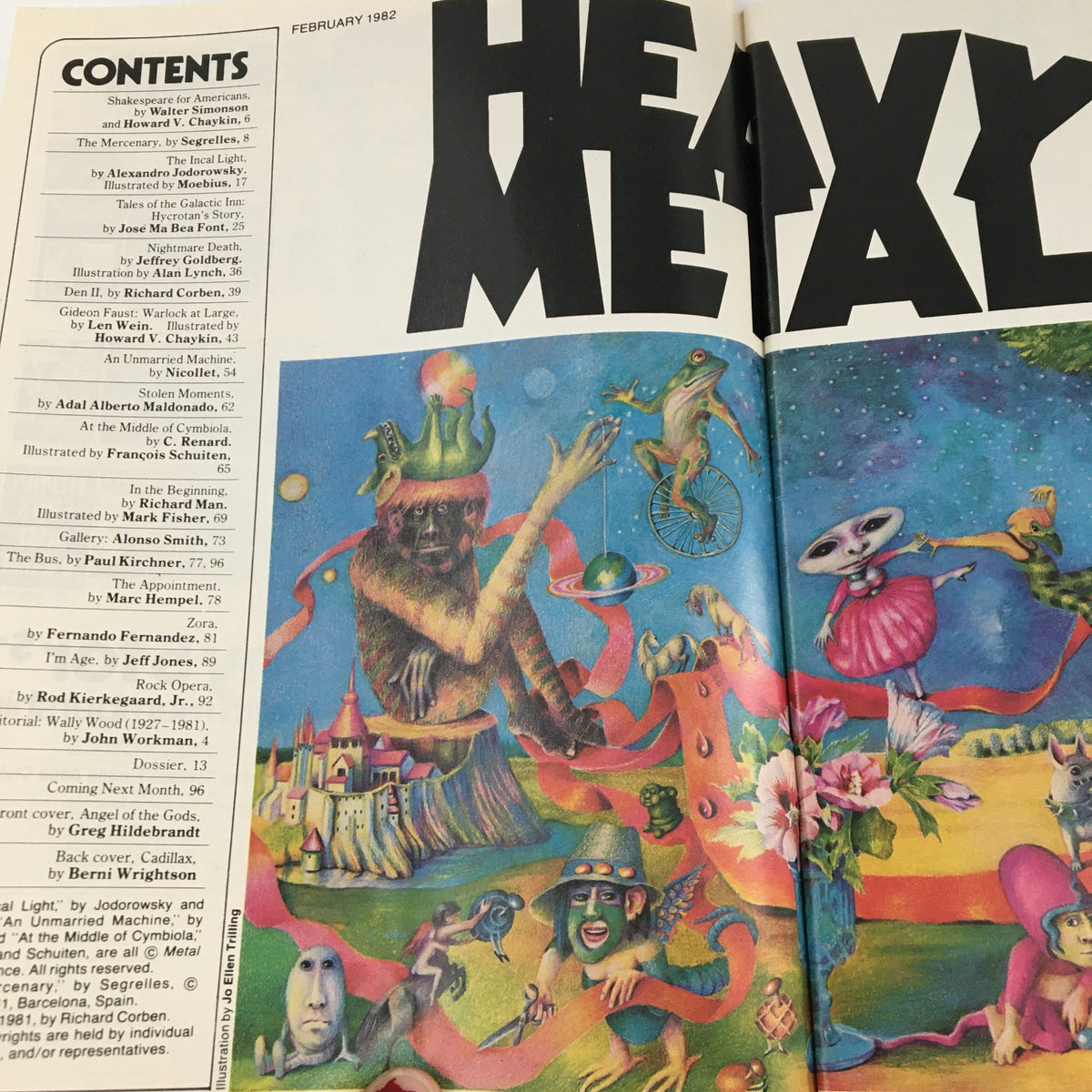 Contents page of Heavy Metal Magazine February 1982, highlighting various stories and illustrations, including 'Tales of Galactic Inn Hycrotan'.