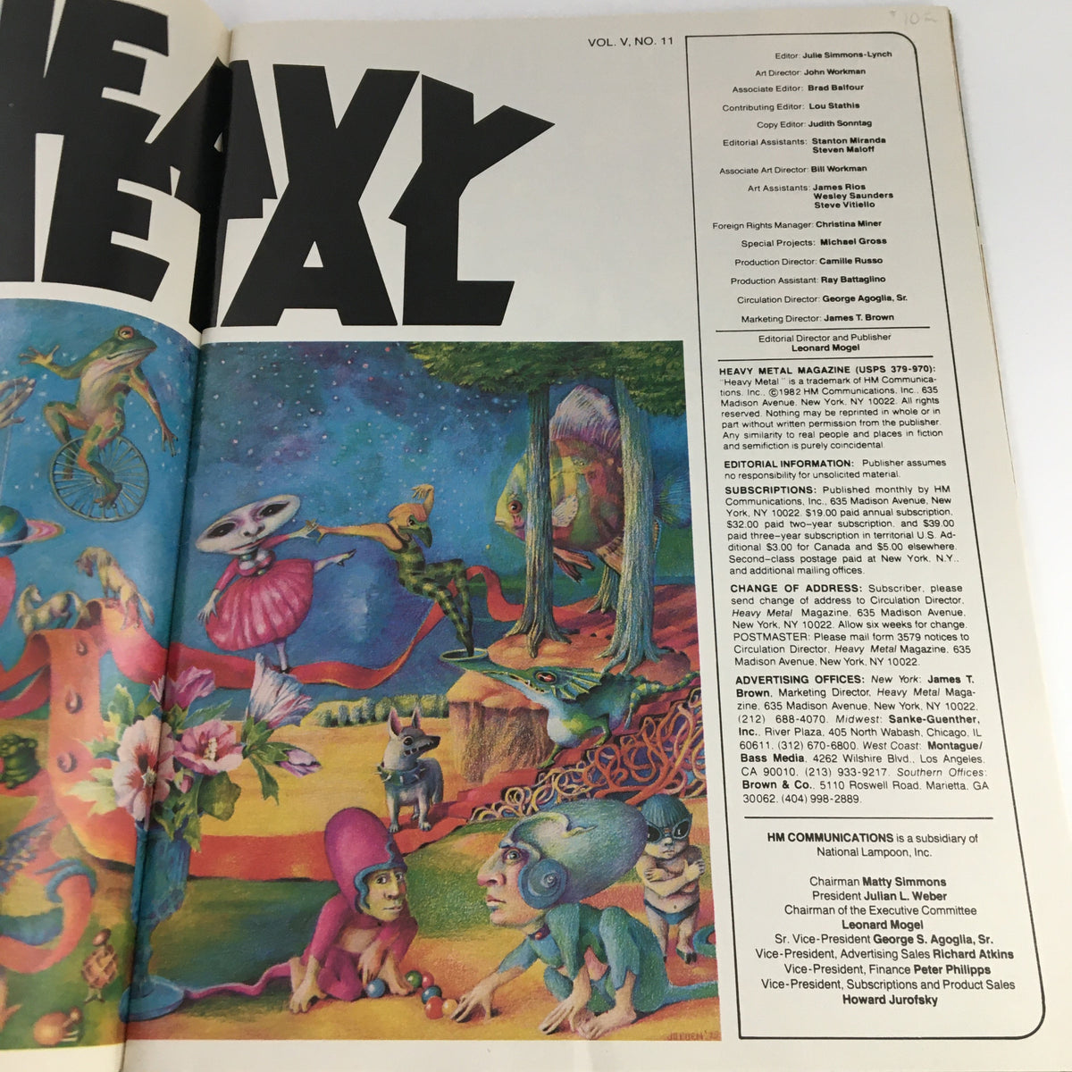 Editorial page of Heavy Metal Magazine February 1982, displaying colorful illustrations and editorial information, revealing the creative artists behind the stories.