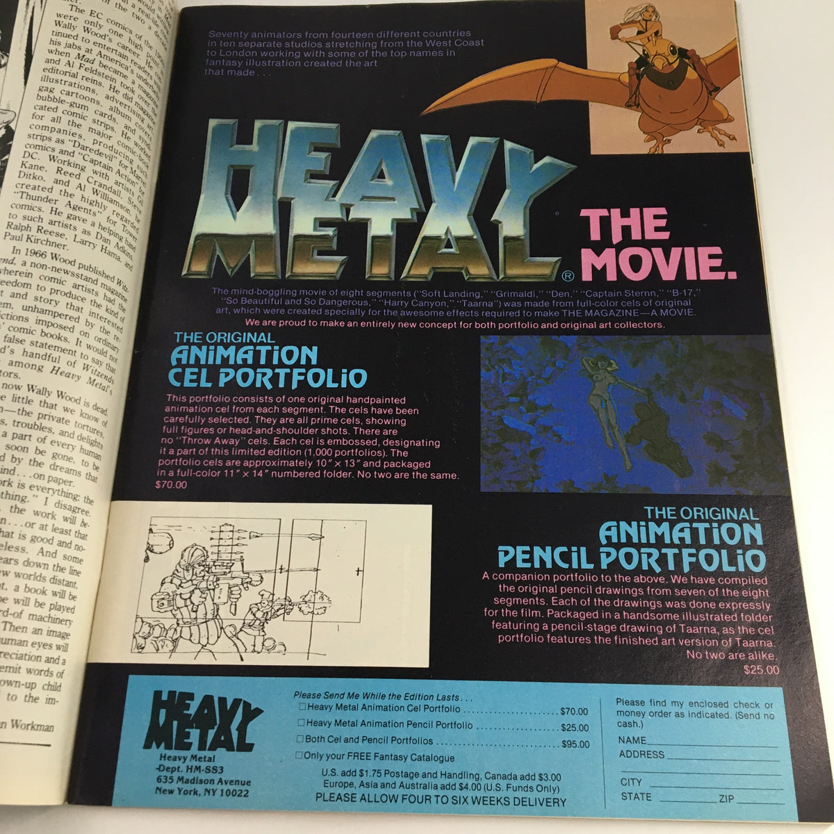 Advertisement page for Heavy Metal Magazine February 1982 promoting the original animation cel and pencil portfolios for the Heavy Metal movie.