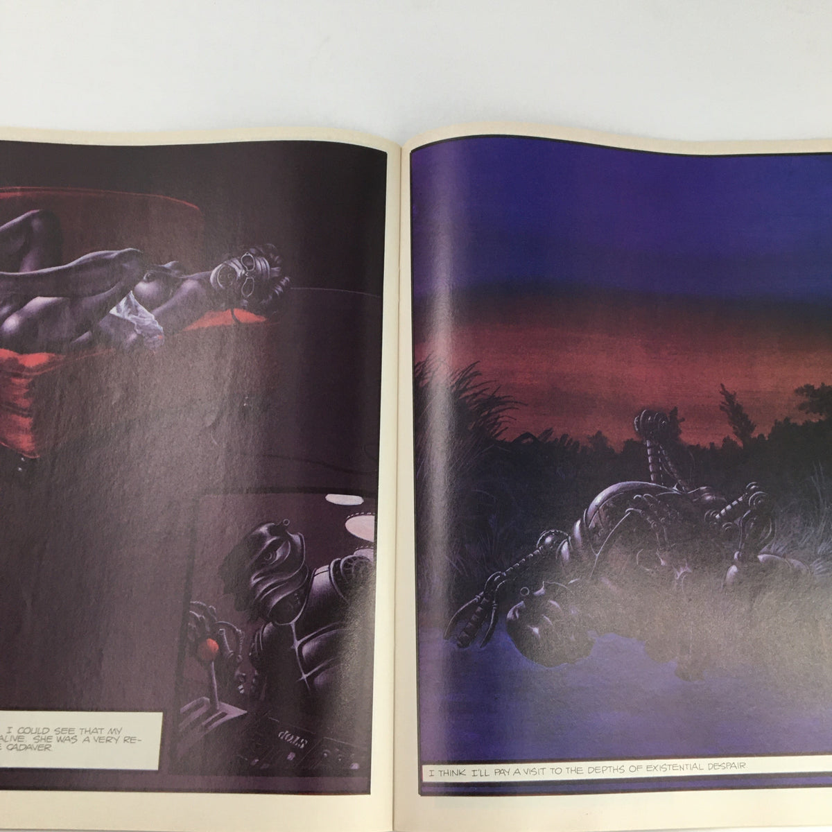 A two-page spread from Heavy Metal Magazine February 1982, illustrating a dark, imaginative scene with a character reflecting on existential despair and a robotic figure, capturing the essence of sci-fi storytelling.