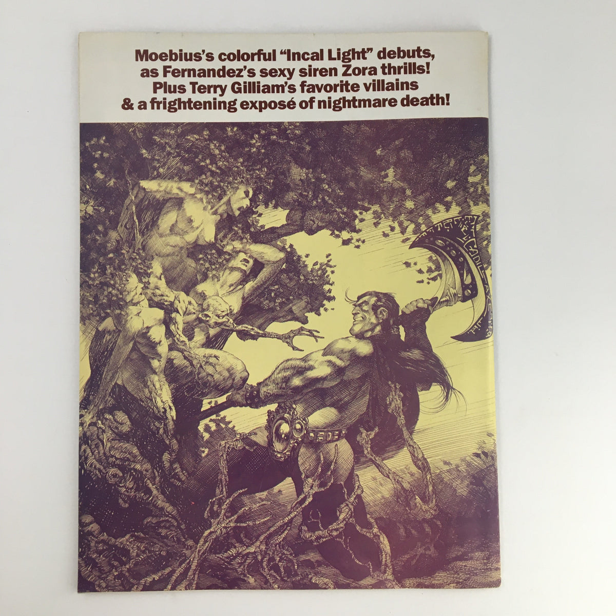 The rear cover of Heavy Metal Magazine February 1982, featuring artwork that includes characters in a mythical battle, highlighting the magazine's unique comic style and creative narratives.