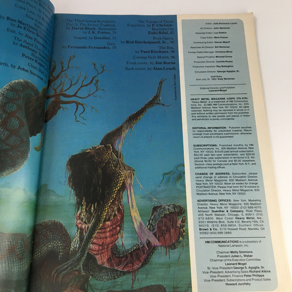 Editorial page of Heavy Metal Magazine October 1982 featuring 'The Ape' by Silverio Pisu, highlighting the magazine's contributors and editorial team.