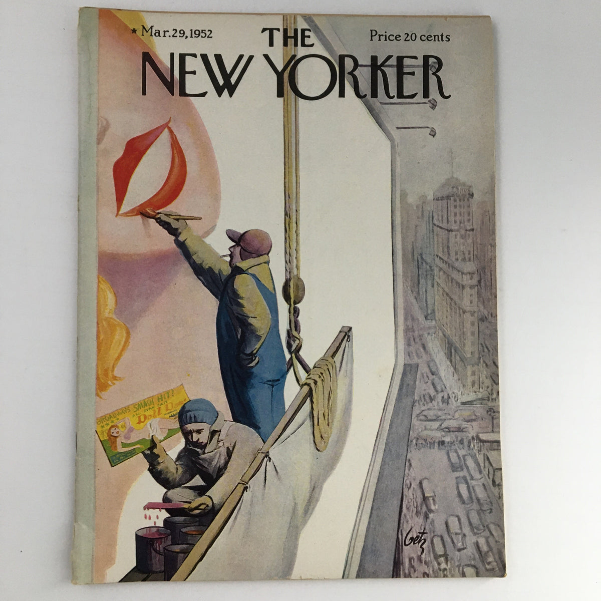 Cover of The New Yorker Magazine from March 29, 1952 featuring a theme design by Arthur Getz, depicting workers on a building with vibrant colors.