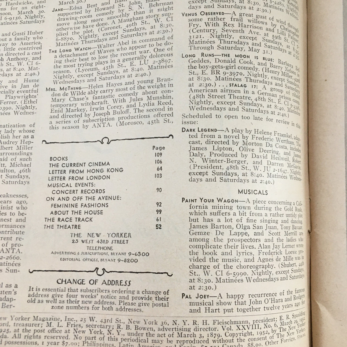 Interior page of The New Yorker Magazine March 29, 1952 detailing the contents and features of the edition, highlighting articles and events.