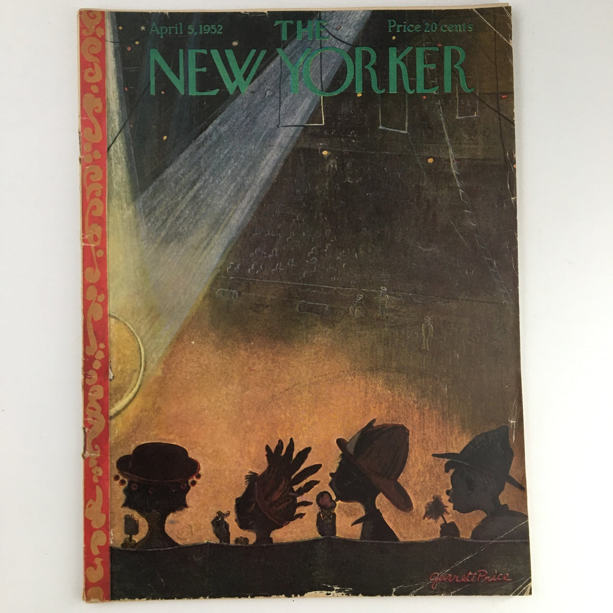 The New Yorker Magazine April 5 1952 cover art by Garrett Price featuring a vibrant theme illustration with shadowy figures and a theatrical backdrop.