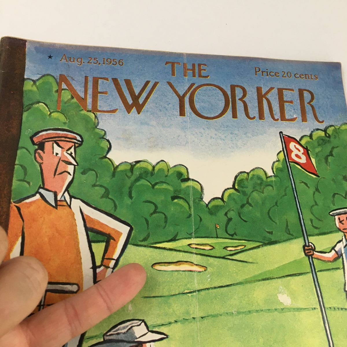 Close-up view of The New Yorker Magazine cover dated August 25, 1956, showcasing the title and vibrant artwork by Peter Arno.