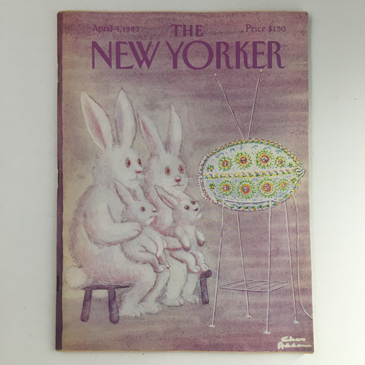 Cover of The New Yorker Magazine April 4, 1983 featuring whimsical illustration by Chas Adams with bunnies and decorated egg television.