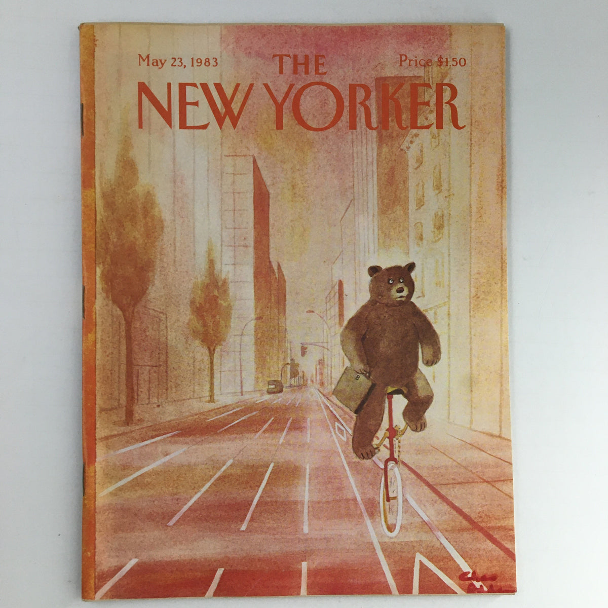 Cover of The New Yorker Magazine May 23, 1983 featuring a bear riding a unicycle, showcasing a whimsical illustration by Chas Adams.