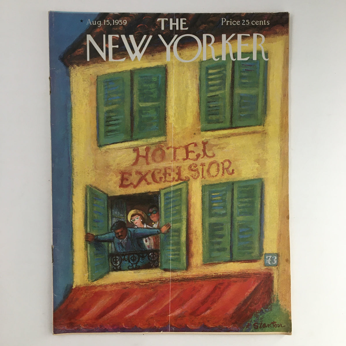 The New Yorker Magazine August 15 1959 cover featuring colorful artistic depiction of Hotel Excelsior with characters looking out from windows, designed by Beatrice Szanton.