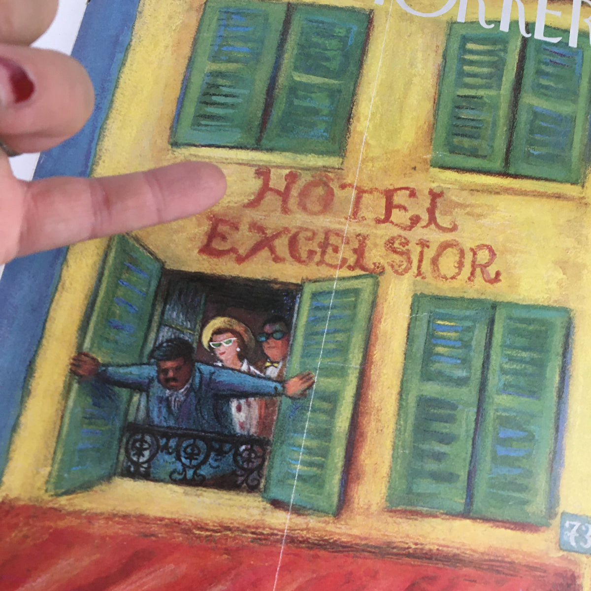 Close-up view of The New Yorker Magazine August 15 1959 cover highlighting the Hotel Excelsior facade and characters at the window, showcasing Beatrice Szanton's artistic style.