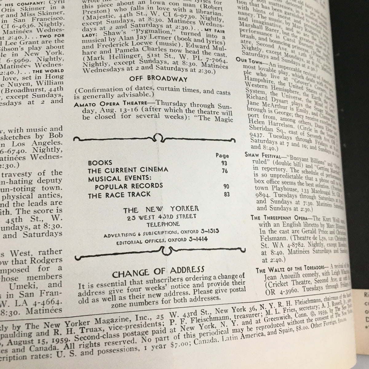 Interior page from The New Yorker Magazine August 15 1959 featuring listings for books, cinema, and musical events, reflecting the magazine's content from that era.