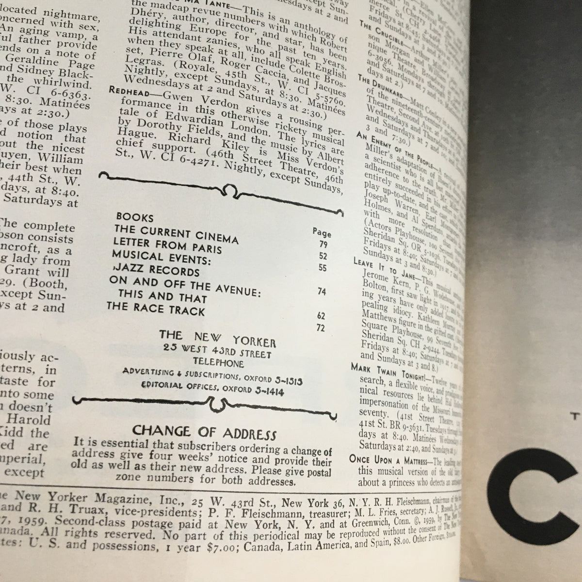Interior page of The New Yorker Magazine, June 27, 1959, displaying a table of contents and various articles featured in the magazine.
