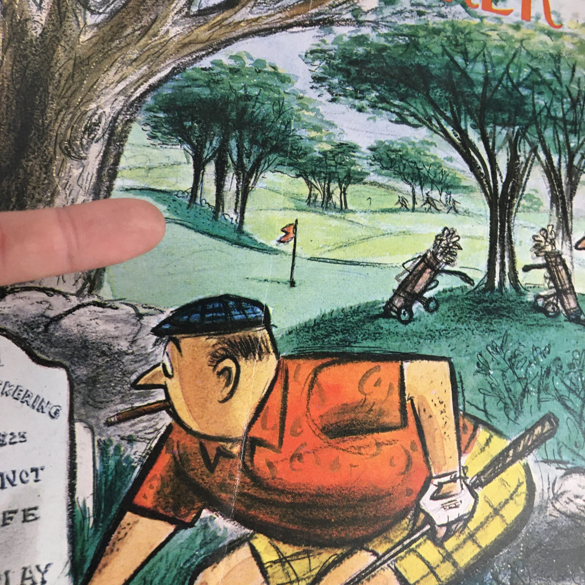 Close-up of The New Yorker Magazine cover from August 22, 1959, showcasing an illustration by Whitney Darrow Jr, highlighting a golfer in a vibrant orange shirt and plaid shorts.