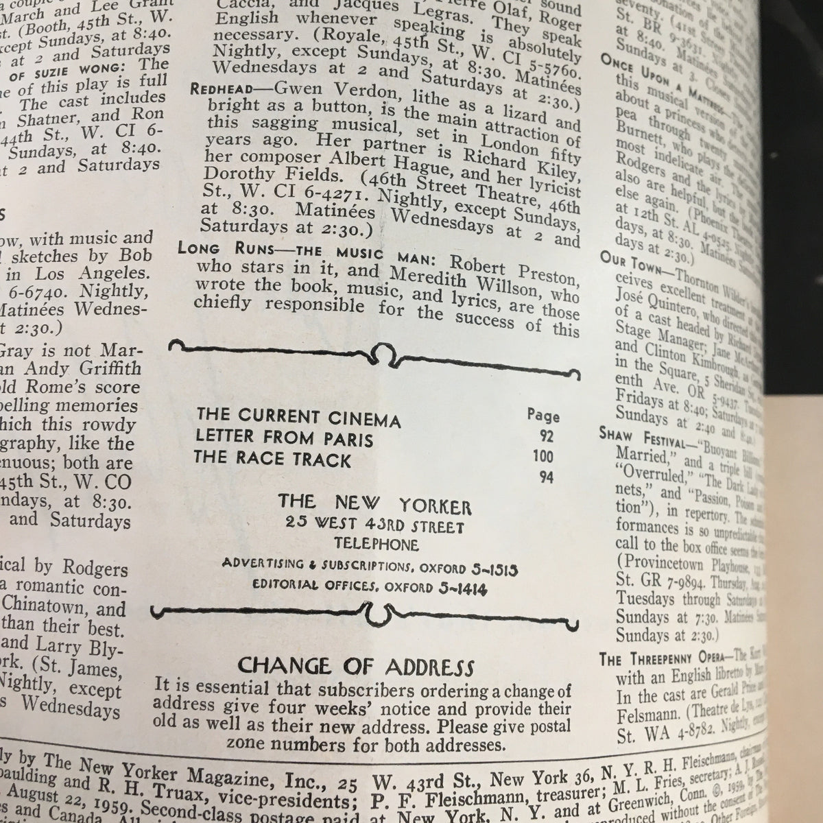 Interior page of The New Yorker Magazine from August 22, 1959, featuring listings and advertisements, part of a vintage publication with a theme cover by Whitney Darrow Jr.
