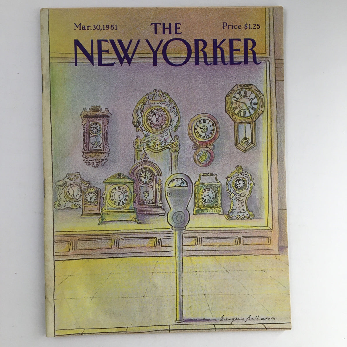 The New Yorker Magazine March 30, 1981 cover featuring a colorful illustration by Eugene Mihaesco, showcasing a display of vintage clocks and a parking meter, capturing the artistic essence of the era.